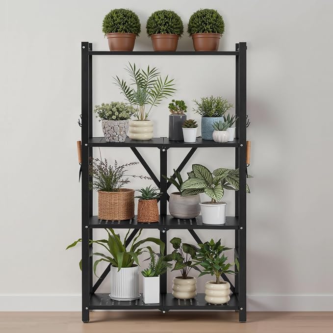 VEVOR 4-Tier Foldable Storage Shelf, 26W x 13D x 46H Inch Folding Metal Rack Shelving Unit, No Assembly Organizer Shelf with 5 Wheels & 4 Hooks for Pantry, Kitchen, Garage, Basement, Black