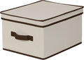 Household Essentials 513 Storage Box with Lid and Handle - Natural Beige Canvas with Brown Trim - Large