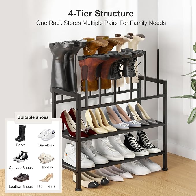 DIMJ Free Standing Shoe Racks - 4-Tier Boot Rack, Black Metal Boot Storage Organizer Tall Boots, Tall Boot Organizer for Closet, Multiuse Shoe Rack for Boots, Sneakers,Fit for 6 Pairs Boots, Black