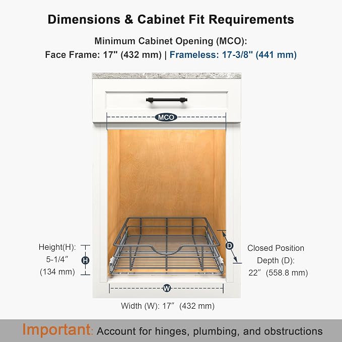 Pull Out Shelves - 17" W x 22" D Soft Close Pull Out Cabinet Organizer 1 Tier - Sliding Shelves with Shelf Liner - Heavy Duty Steel Wire Drawers for Kitchen Cabinets, Pantry, Bathroom