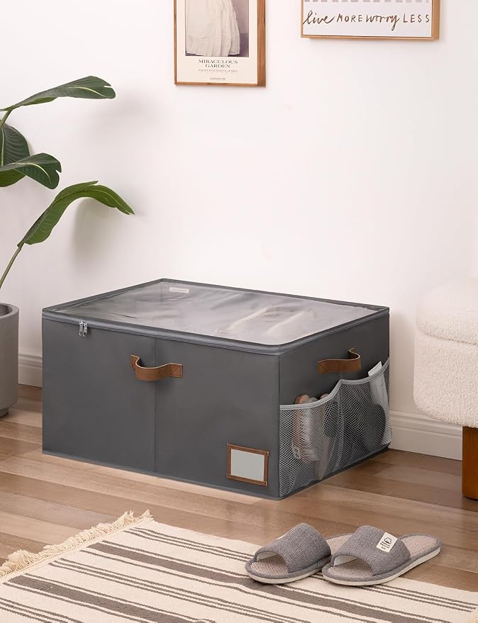 StorageWorks Large Shoe Storage Organizer for Closet, Up to 20 Pairs, Gray | Fixed Compartments, Clear Lid & Label Window, Side Mesh Pocket for Accessories, Soft Handles, Fits Flats, Sandals & Low-Tops