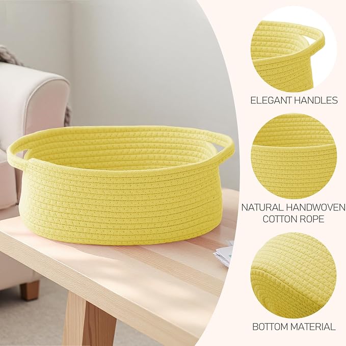 JMvicyroam Woven Basket,Small Rope Storage Bin with Handles & Ribbon Bag, Organizer for Shelves Closets,Gift Basket Empty for Birthday,Books,Dog Toys, Yellow