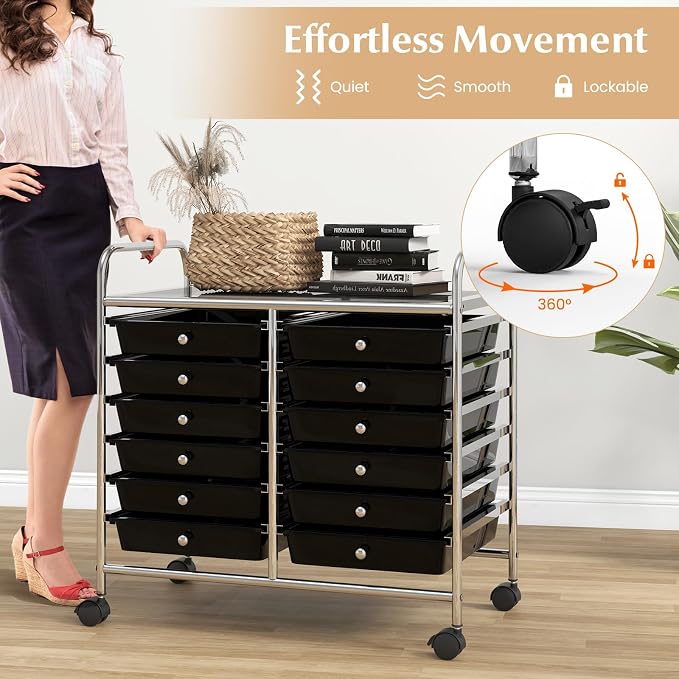 GOFLAME 12-Drawer Rolling Storage Cart, Multifunctional Art Craft Organizer Cart, Mobile Utility Storage Cart with Removable Drawers & Lockable Wheels, Craft Cart for Home Office School, Black