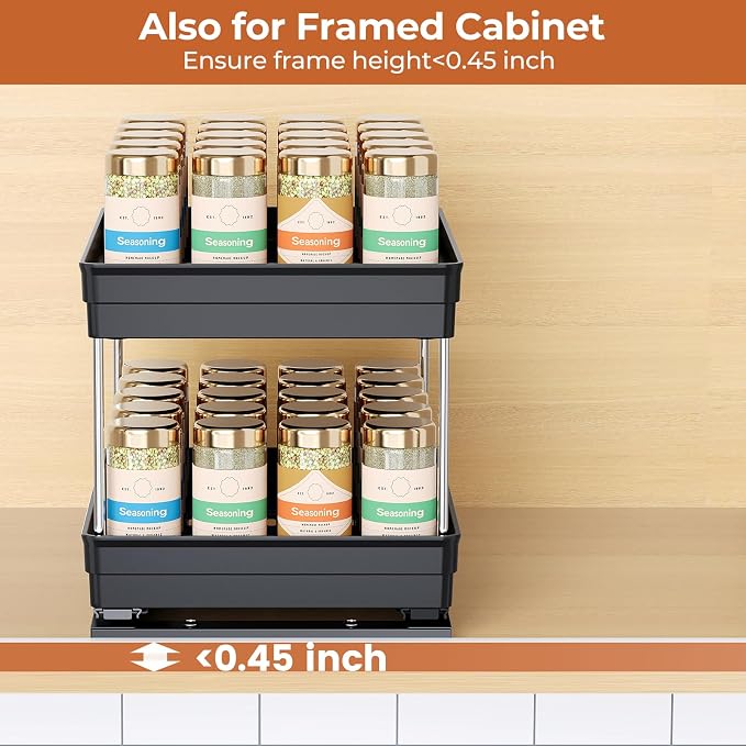 Mystozer Pull Out Spice Rack Organizer for Cabinet, Slide Out Spice Racks Organizer, Easy to Install Spice Cabinet Organizers, 8.26''Wx10.6''Dx8.7''H, 1 Pack-2 Tier(Black)