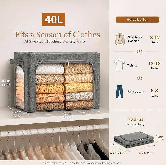 GoMaihe 3 Opening Clothes Storage Bins with Metal Frame, 40L Sweater Storage Organizer for Upper Shelf Closet Storage Boxes with Clear Window for Hoodies Jeans Towel 6-Pack Grey