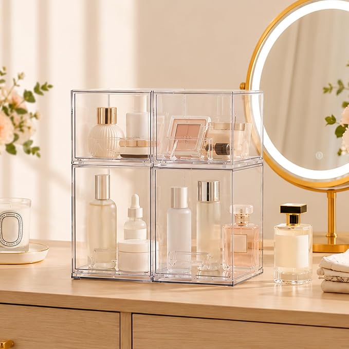 Baby Bottle Organizer, 4 Pack Clear Acrylic Stackable Storage Drawers, Baby Bottle Storage Organizer for Countertop, Nursery, Vanity & Cabinet
