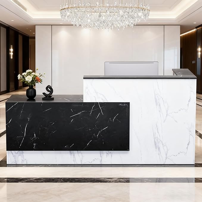Ceridwen L-Shaped Large Wooden Reception Desk, Modern Front Desk Reception Counter with Lockable Drawers, Storage & Keyboard Tray for Office Lobby Checkout (Left-Black & White, 71''L x 42''W x 41''H)