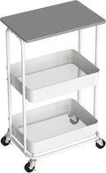 Simple Houseware 2-Tier Rolling Utility Cart Wood Top/Lockable Wheel, Gray | Metal Storage Organizer Trolley for Kitchen, Bathroom, Office, Craft Room