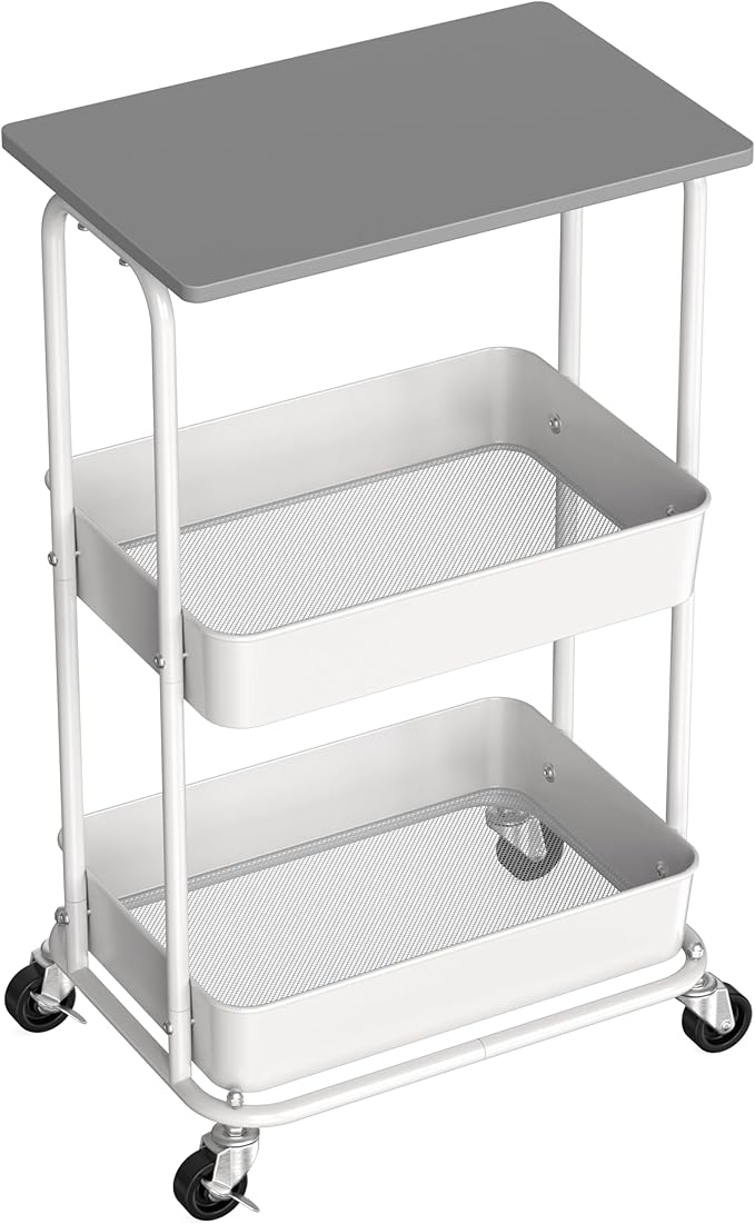 Simple Houseware 2-Tier Rolling Utility Cart Wood Top/Lockable Wheel, Gray | Metal Storage Organizer Trolley for Kitchen, Bathroom, Office, Craft Room