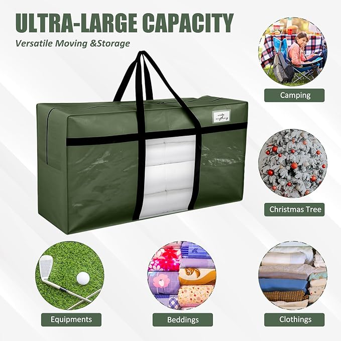 4 Pack 66 Gallon Extra Large Moving Bags with Visible Window XXL Heavy Duty Storage Bag Jumbo Big Tote for College Dorm Clothes Blankets Space Saving Alternative to Moving Boxes(Army Green)