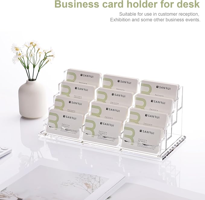 YUXUN Business Card Holder Display for Desk-12 Slots 4 Tier, Clear Multiple Acrylic Cards Stand for Women and Men, Business Card Holder Case for Office Supplies Home School