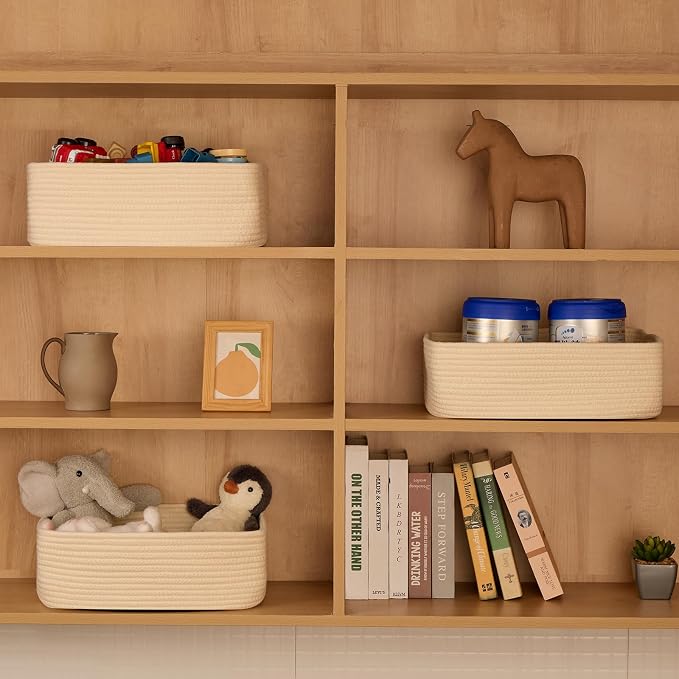 MiniArk Large Shallow Organizing Baskets 15x11x5.1 Inches - Rope Woven Storage Bins for Bathroom, Shelves, Cube Closet, Beige 2 Packs