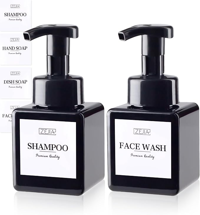 250ML Foaming Soap Dispenser, 2-Pack Plastic Hand Soap Dispenser, Refillable Leakproof Foam Pump Bottle with Waterproof Labels, for Shampoo, Body Wash