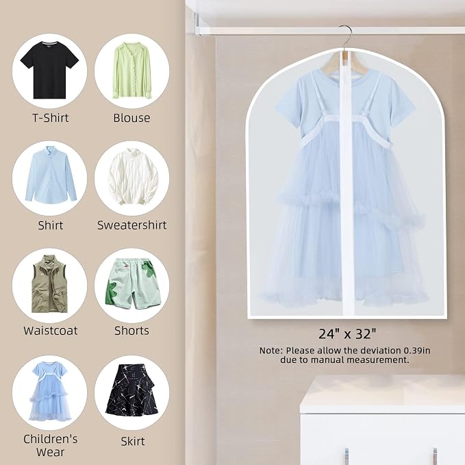 Garment Bags for Hanging Clothes, Set of 12 Suit Bags Dust Resistant Clothing Bags Garment Covers PEVA Breathable Clothes Protectors with Full Zipper for Closet Storage, 24"x 32"
