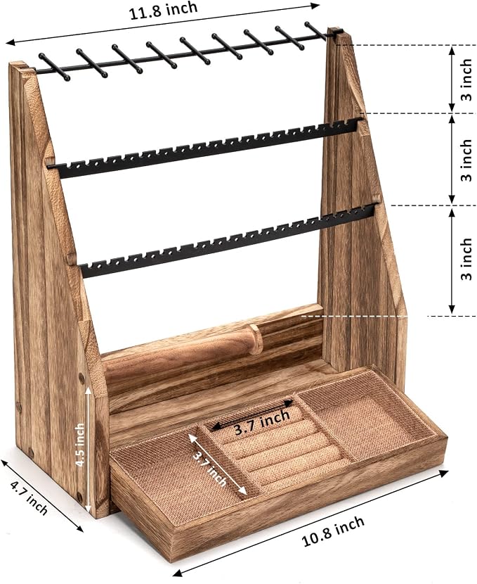 DGWJSU Jewelry Organizer Stand, 5 Layer Earring Holder Organizer with Necklace Holder, Rustic Wood Earring Organizer Display for Stud Earring Bracelet Necklace Ring, Watches