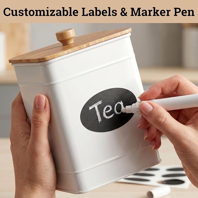 Kitchen Canisters for Countertop Set of 3 w/ Chalkboard Labels & Marker Pen | Airtight Easy Open Bamboo Lids, Dent-Resistant Thick Metal, Customizable Chalkboard Labels, Marker Pen Included, Set of 3