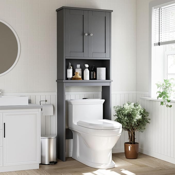 Shintenchi Over the Toilet Storage Cabinet, Bathroom Shelf Organizer with Anti-Tip Device Small Freestanding Space Saver with Adjustable Shelf, Gray