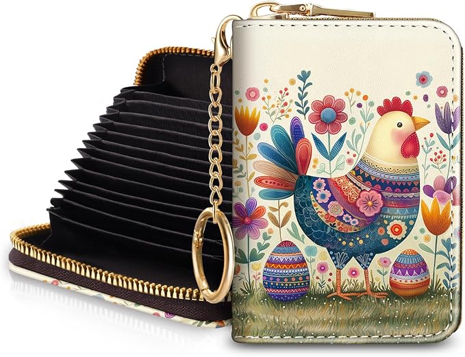 Blusabaca RFID Credit Card Holder Small Women Travel Wallet, Chicken Eggs | Removable Keychain, Case with Zipper, Vegan PU Leather, Cash Coin Pocket, Business Accordion Purse, Ladies Female Gift