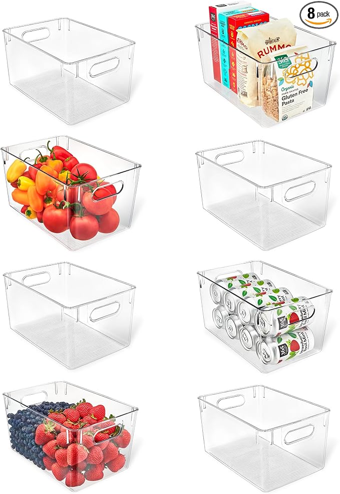 Lifemaster Multi-purpose Refrigerator Bins - 8 pieces Large Capacity Stackable Fridge Bin Organizer with Easy Grip Handles - Clear