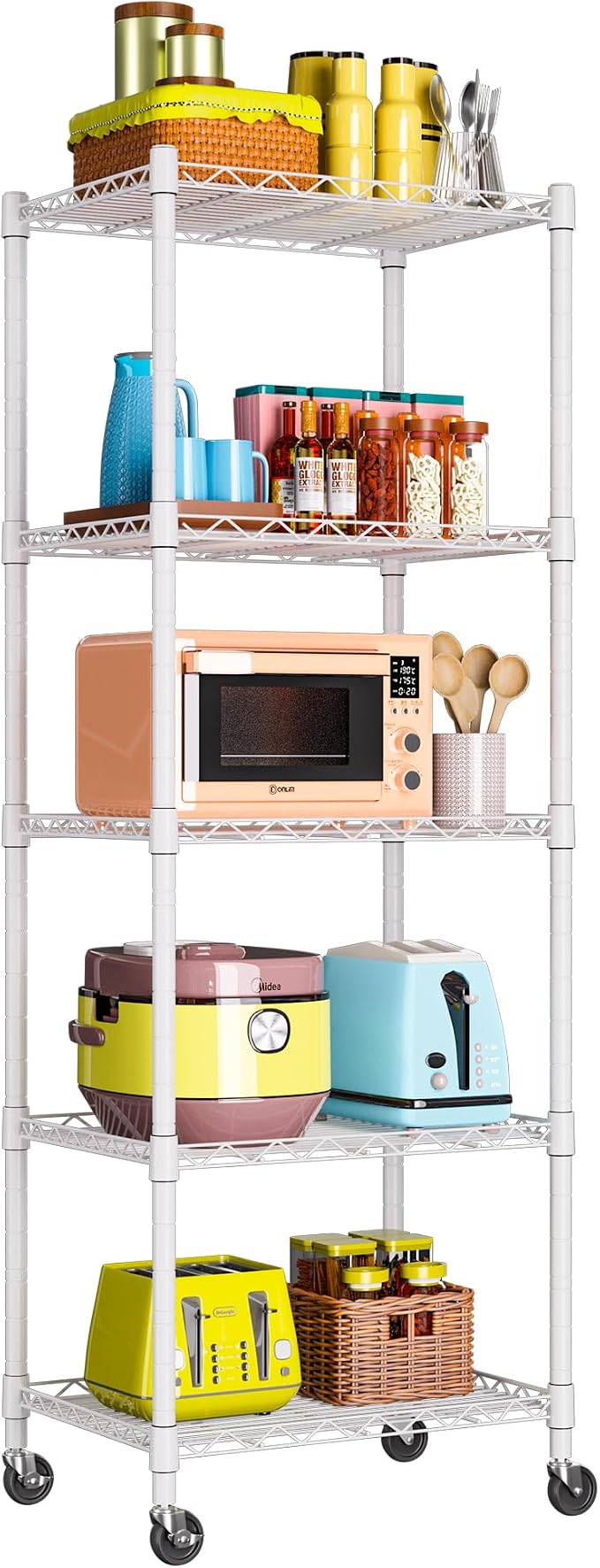 REGILLER 5-Wire Shelving Metal Storage Rack Adjustable Shelves,Standing Storage Shelf Units for Laundry Bathroom Kitchen Pantry Closet(White,11.8" D x 16.6" W x 53.5" H,With Wheels)