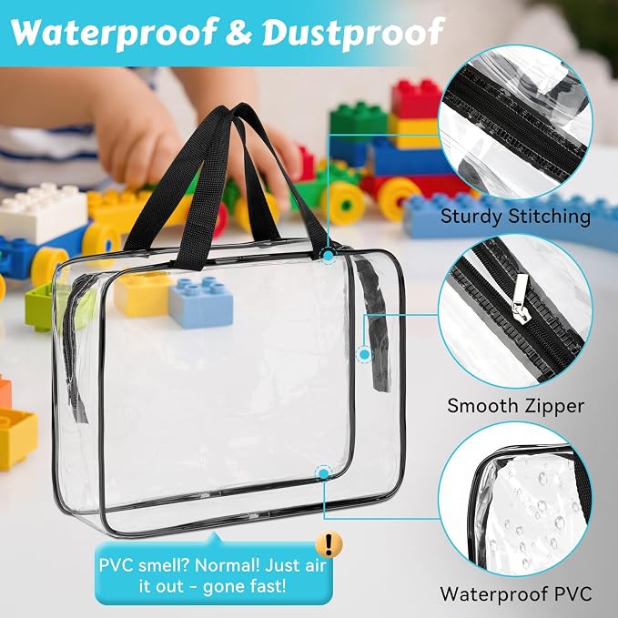 4 Pack Toy Storage Organizer Bags with Zipper, Clear PVC | Large Black Waterproof Reusable Toy Bags for Puzzles, Building Blocks, Board Game, Stationery, Kids Books