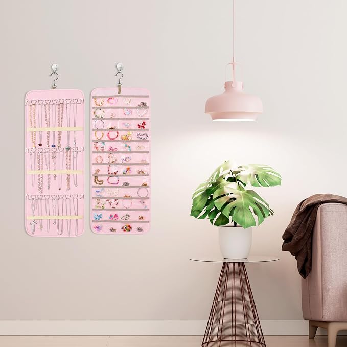 2 Pack Hanging Jewelry Organizer Storage with 48 Pockets and Hooks Dual-Sided Hanging Jewelry Organizers and Storage Hang on Closet, Wall, Door for Earrings, Necklaces, Rings,Pink