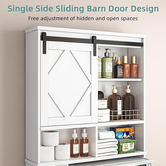 Over the Toilet Storage Cabinet with Farmhouse Sliding Barn Door, Above Toilet Organizer with Toilet Paper Holder Stand, Behind Toilet Shelf, Space Saver for Restroom, Bathroom, Laundry, White