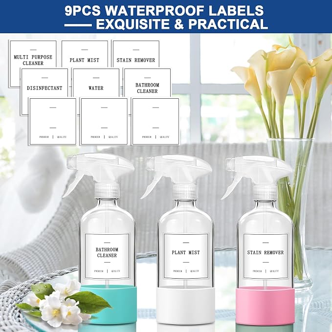 Glass Spray Bottles for Cleaning, 3 Pack Clear Empty Spray Bottle for Cleaning Solutions, 17 fl oz Reusable Spray Bottle for Plants with Silicone Boot, Cleaning Spray Containers with Labels