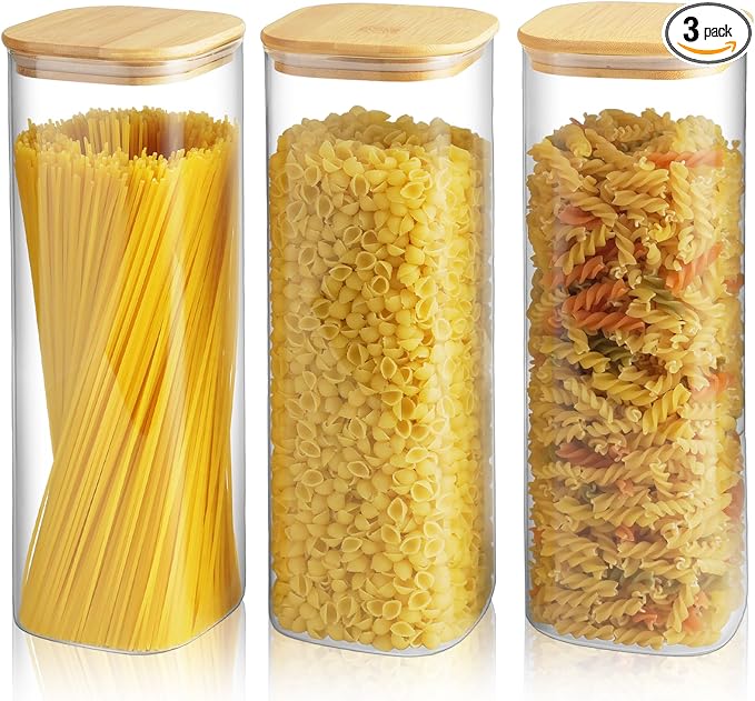Glass Spaghetti Pasta Storage Container - 3 Pack 2.5 QT Airtight Food Storage Jar Set with Bamboo Lid Labels -Tall Square Kitchen Pantry Canister Organizers for Noodle Cookies Flour Cereal Coffee Bean