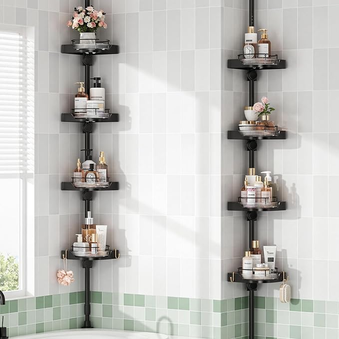 shuang qing 360° Rotating Corner Shower Caddy Tension Pole Organizer, 4-Tier Adjustable Shower Shelves, Rustproof Metal Pole with Safety Guardrail, Bathroom Storage for Shower & Bathtub (Black)