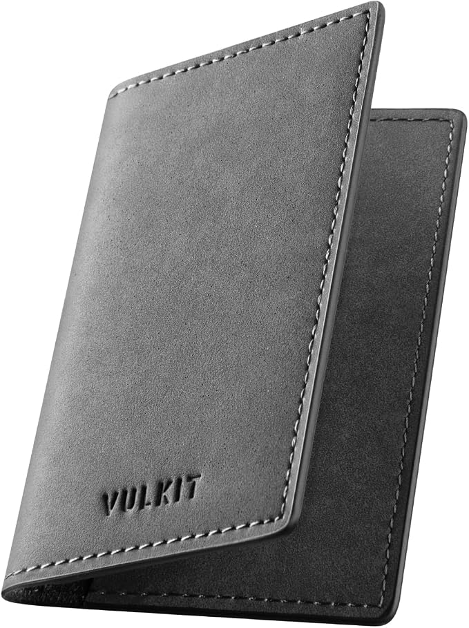 VULKIT Leather Business Card Holder 2 Sided Slim Business Name Card Organizer for Men or Women (Yangba Grey)
