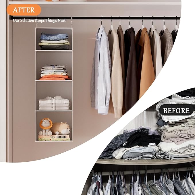 VERONLY Hanging Closet Organizer with Bamboo Shelves - Foldable Closet Storage for Baby Clothes, Towels, Scarves,Space Saving Shelves Organizer (White)