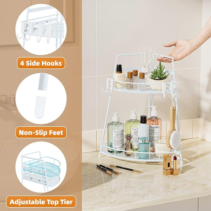 VITVITI 2 Tier Corner Bathroom Counter Organizer, Metal Bathroom Countertop Organizer Shelf Storage, Bath Room Sink Makeup Organizers for Vanity Perfume Skincare with Hooks, White