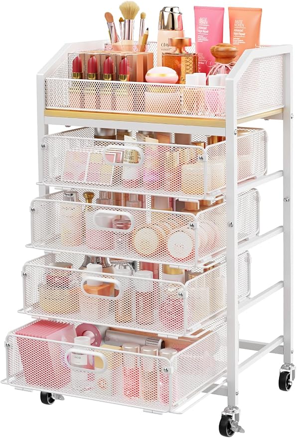SUNALLY Rolling Makeup Cart Organizer with Drawers, 5-Tier Beauty Vanity Storage Cart for Skincare, Cosmetics, Nail Supplies and Bathroom Essentials, White