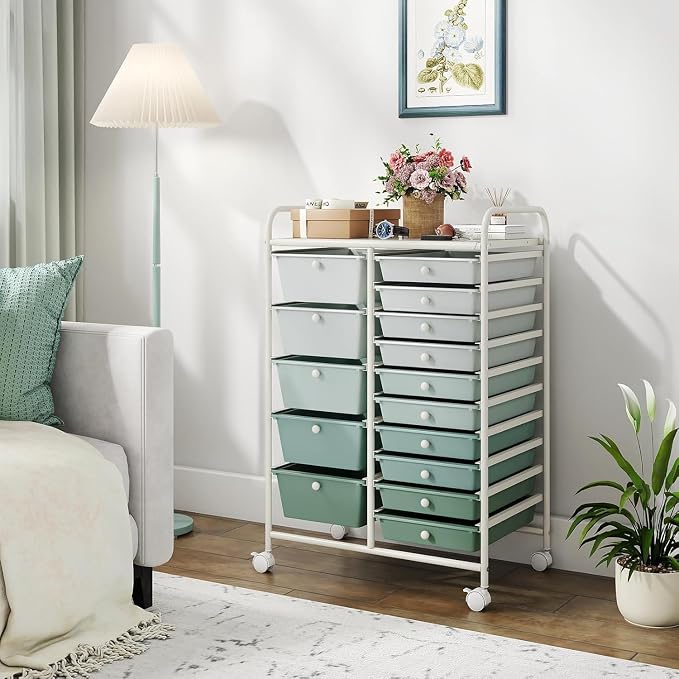 Rolling Cart with 15 Drawers, Utility Cart with Removable Storage Drawers, Lockable Wheels, Art Cart for Home Office Living Room Art Supplies Crafts Paper Scrapbook (Gradient Green)