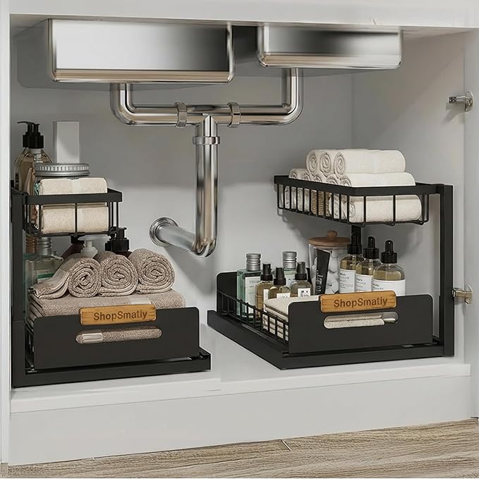 Under Sink Organizer 2-Pack, Metal Under Sink Organizer for Kitchen & Bathroom, Multi-Use Under Sink Storage Rack for Cleaning Supplies and Bathroom Essentials (Black)