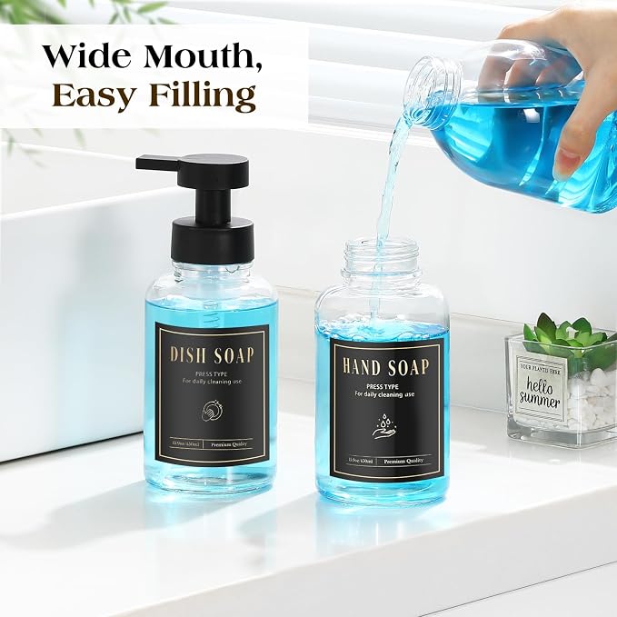 Luxspire Foaming Soap Dispenser, Glass Foam Pump Soap Dispenser, Non-Slip Hand Soap Bottle with 5 Waterproof Labels, 15 Oz Refillable Liquid Soap Bottle for Bathroom & Kitchen, Clear, 2 Pack
