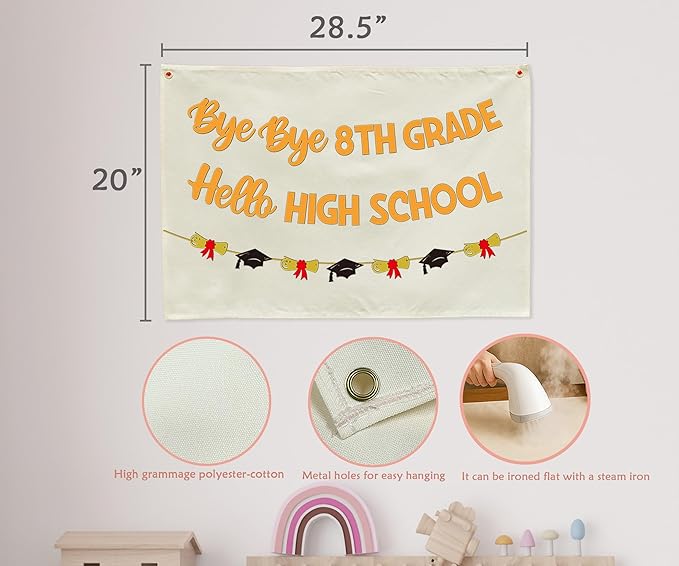 Graduation Banner Party Decor-Rectangular Canvas Banner Pennant Poster Wall Sign-Garland for Congratulation Graduation Party Supplies Classroom Front Door Home Decorations-Bye Bye 8th Grade