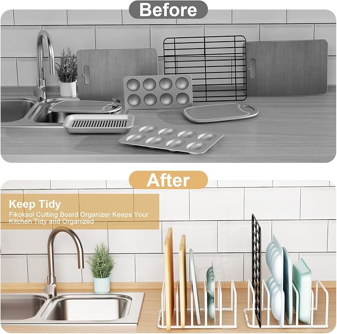 Fikoksol Cutting Board Organizer and Baking Sheet Rack, [1-Pack] White Heavy Duty Metal Cookie Sheet Organizer for Cutting Board Storage & Plate Holder for Cabinet, Tray Dividers for Cabinets
