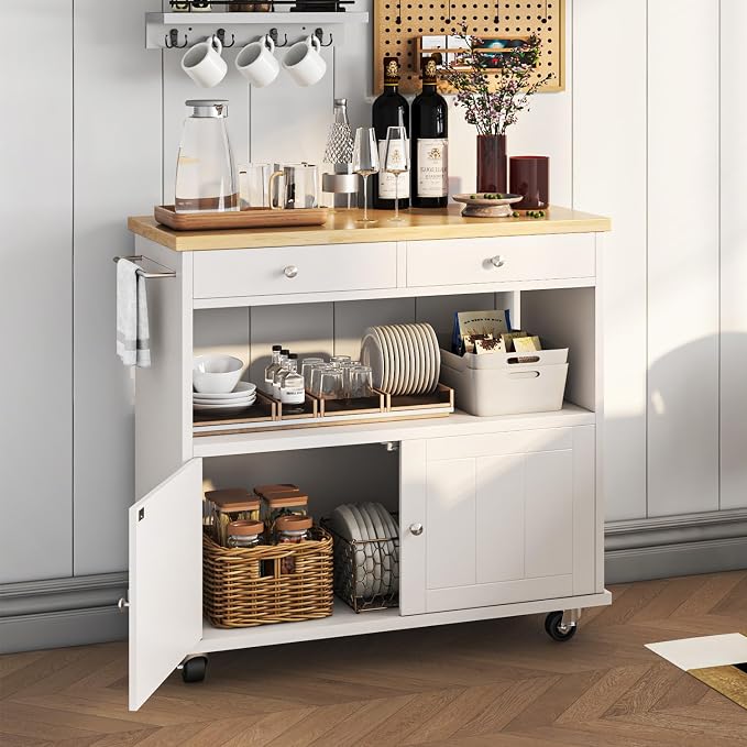 knoworld Rolling Kitchen Island with Storage Cabinet, 35.4'' Width Kitchen Cart, 2 Drawers Island Table, Portable Mobile Kitchen Island with Towel Rack, Wood Top and Lockable Wheels, White