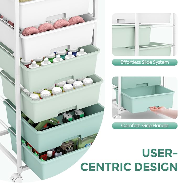 Rolling Storage Cart with 6 Drawers and Wooden Tabletop, Lockable Wheels Utility Cart for Art Studios, Office Supplies & Craft Room Organization (Green)