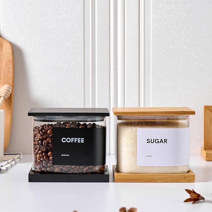 Glass Storage Jars with Bamboo Lids, 50oz Square Food Storage Containers for Kitchen Pantry Organization, Storage Canisters with Labels for Cereal Flour Beans Tea, Large Spice jars Seasoning Bottles