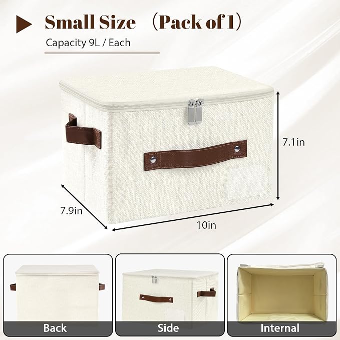 ANMINY Small Fabric Storage Box Bins with Zipper Lid, Washable Beige | Cotton Linen Fabric, PP Board Frame, Label Holder, Stackable & Foldable, PU Handles, Dual-Zipper 3-Side Open Lid