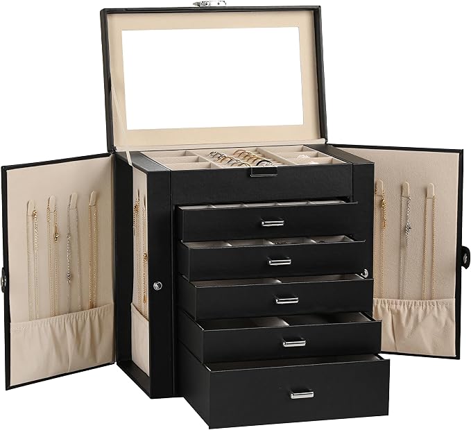 Frebeauty 6-Layer Jewelry Box for Women,Large Jewelry Organizer with Drawer | Faux Leather,Built-in Mirror,Spacious Jewelry Storage,16 Necklace Hooks,Organizing by Category for Rings Earrings Bracelet