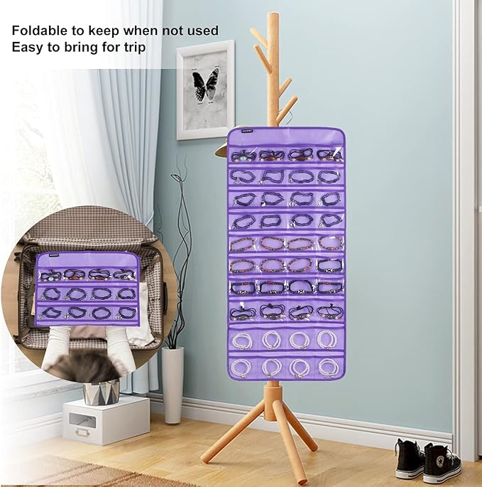Dual-sided Hanging Jewelry Organizer with 40 Pockets and 20 Hook Loops Necklace Holder Jewelries Organizer for Earrings Bracelets Rings with 360 Degree Rotating Hanger (40 Pockets and 20 Hook Loops-Purple)