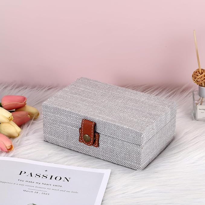 Hipiwe Jewelry Storage Box Treasure Chest Wooden Box with Linen Covered | Rectangular Keepsake Case with Clasp Lid, Dcorative Photo Storage Organizer for Men Women Christmas Gift, Gray Small