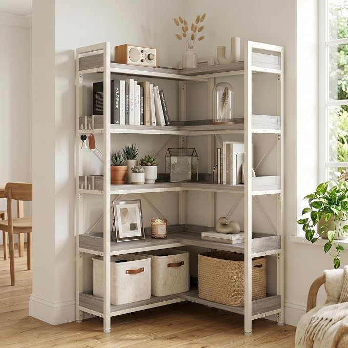 GTPLAYER 5-Tier Corner Bookshelf, L-Shaped Metal Frame Shelf with Tall 14" Shelves, Plant Stand and Storage Rack for Small Spaces, Living Room and Home Office, Grey