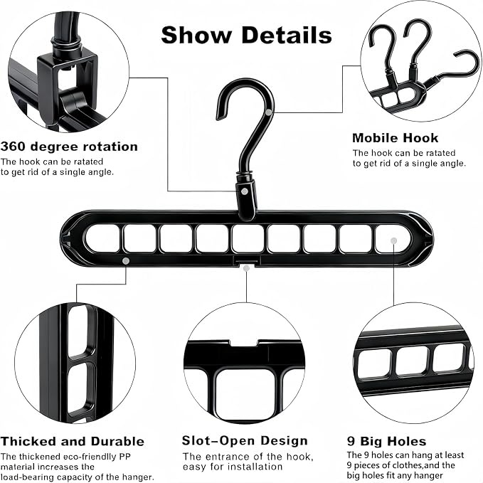 9 Space-Saving Hangers Heavy-Duty PP Plastic Tiered Hanger Organizer with Non-Slip Foldable Design, for Closet (Black, 10)