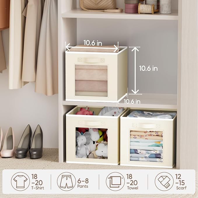 Homsorout Foldable Storage Cubes - Cubby Storage Organizer with Window, Decorative Baskets for Organizing, 11 Inch Fabric Cube Shelf Bins, Set of 10, Beige