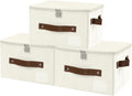 ANMINY Small Fabric Storage Box Bins with Zipper Lid, Washable Beige, 3PCS | Cotton Linen Fabric, PP Board Frame, Label Holder, Stackable & Foldable, PU Handles, Dual-Zipper 3-Side Open Lid